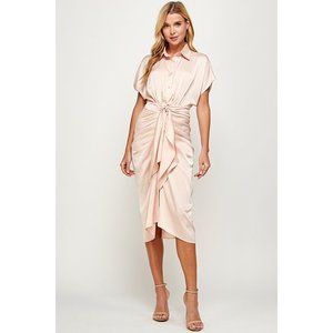 🔥LAST ONE🔥 Women's Satin Short Sleeve Luxe Shirt Dress (CHAMPAGNE)